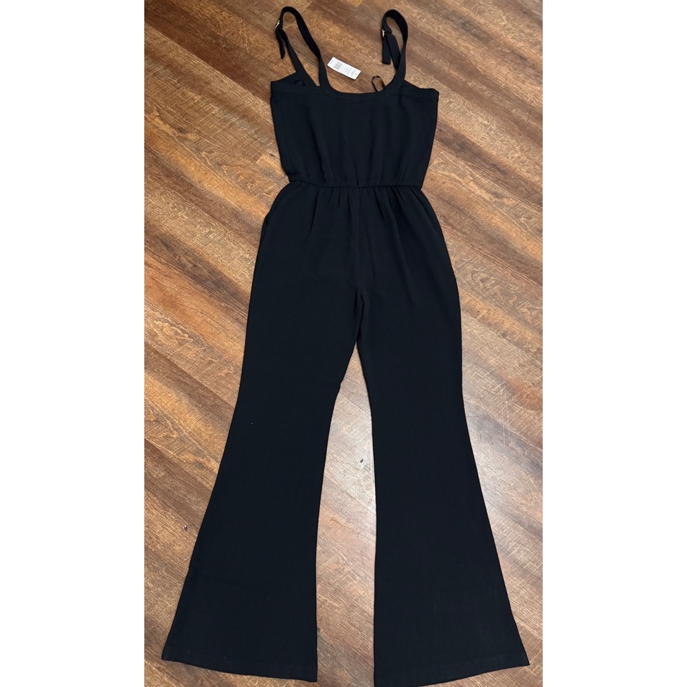 Bebe NWT Crepe Slouchy Wide Leg Jumpsuit Black Size 8 Adjustable Straps - Picture 7 of 9
